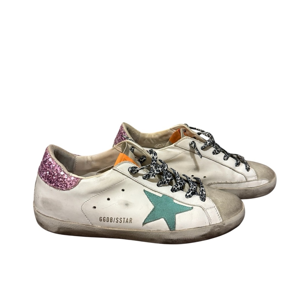 Golden Goose Superstar White Sneakers with Teal Star and Pink Glitter Heel
